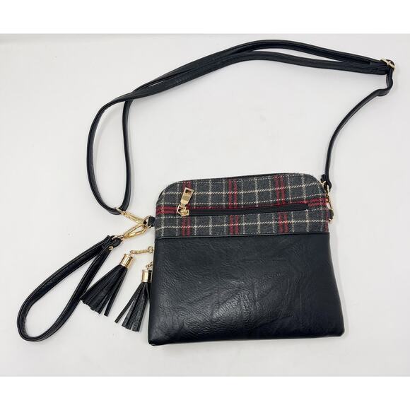 Jen & Co Black Gray Red Izzy Plaid Crossbody Bag Vegan Leather Zip Top Pockets - Picture 5 of 10